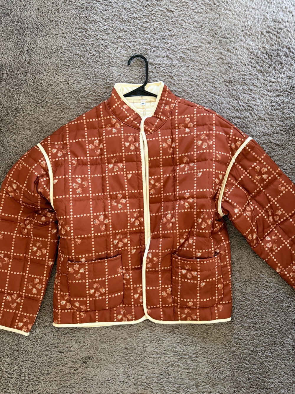 Rust Quilted Floral Print Jacket with Contrast Trim